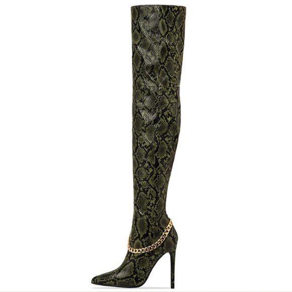 So Me Olive Snakeskin Chain Boot Heels - Picture 9 of 9